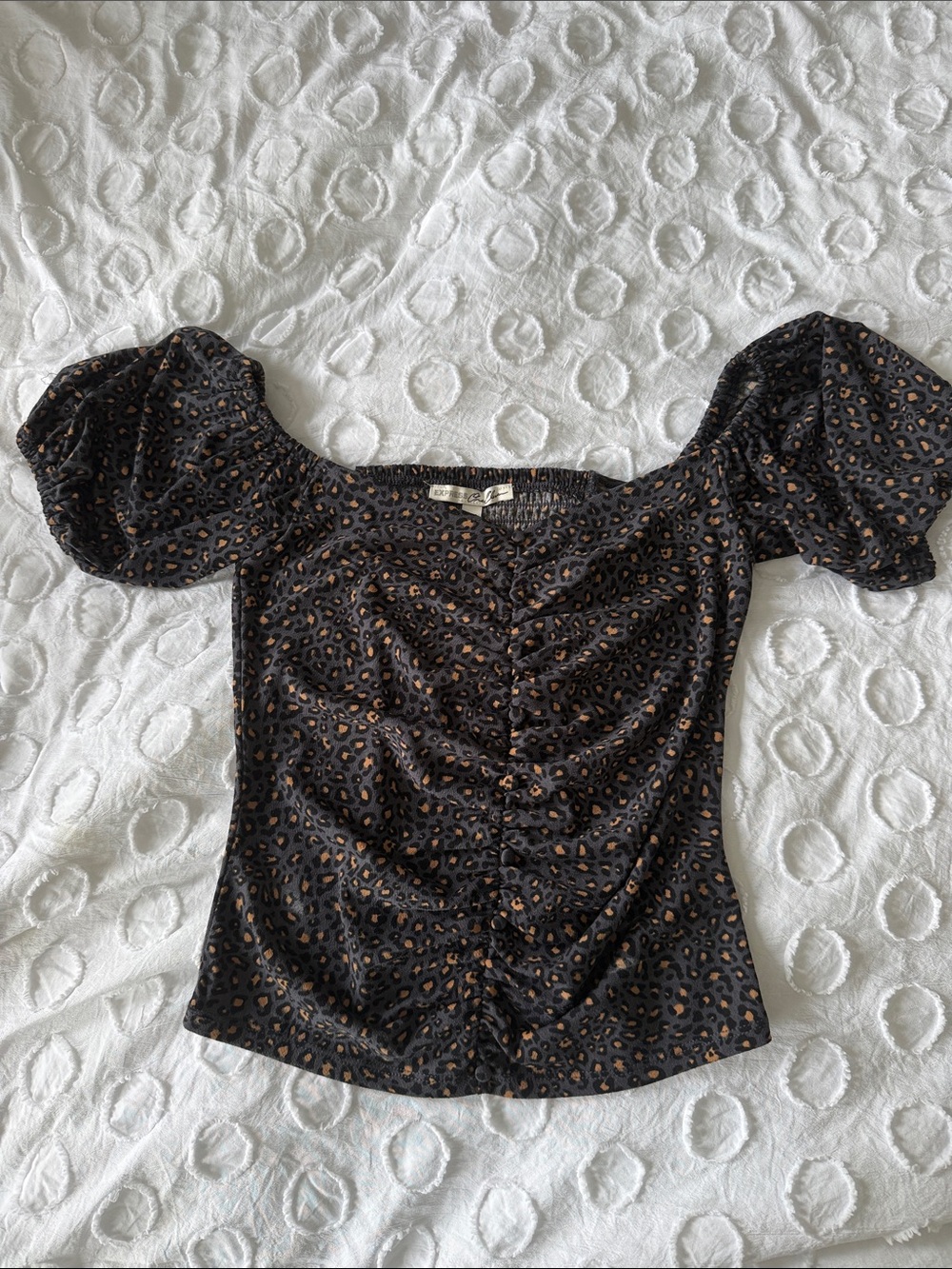 Express Leopard Puff Sleeve Top - Black, Blue & Brown